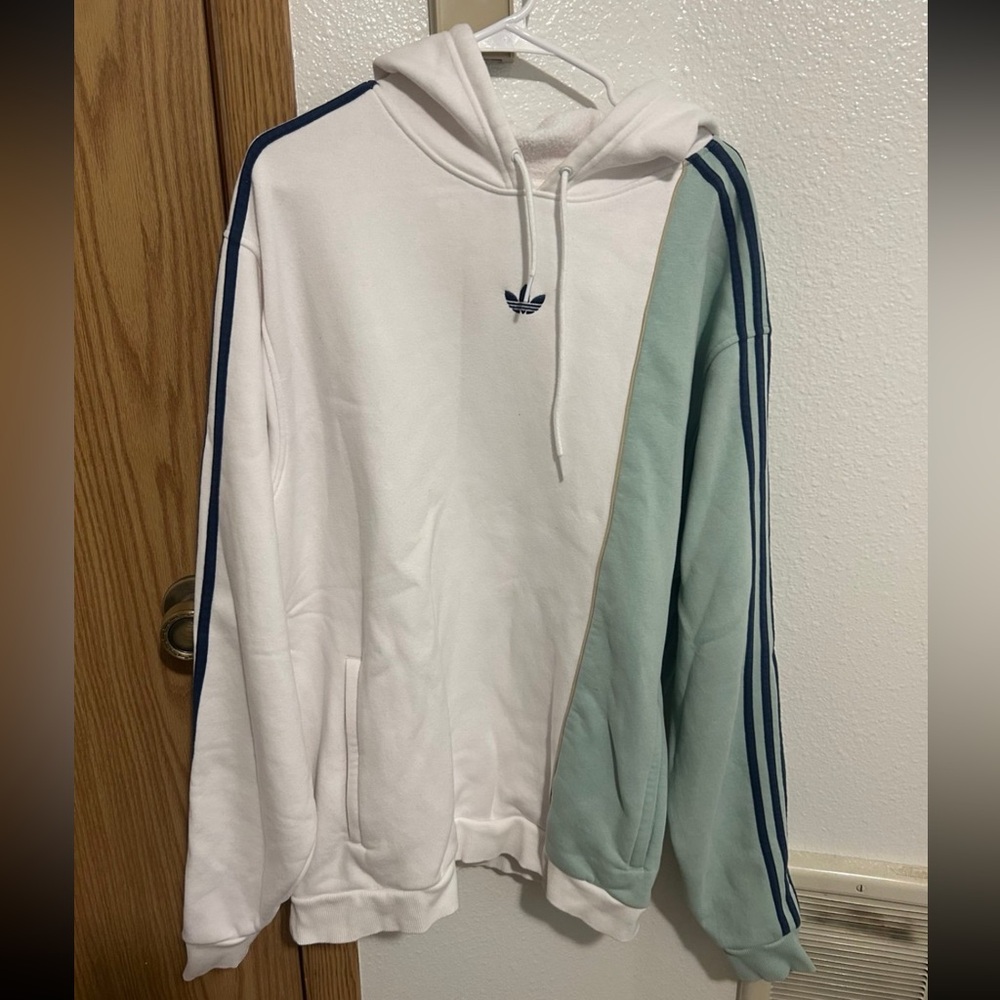 Adidas White and Teal Hoodie with Navy Stripes